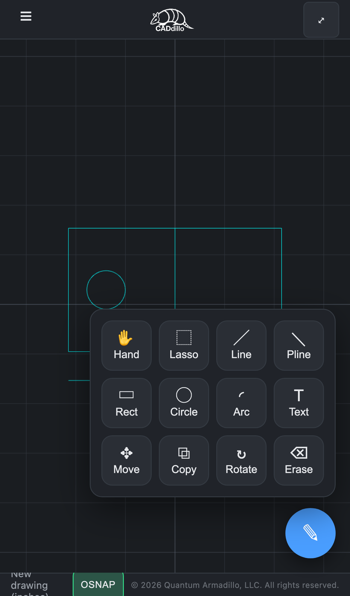 CADdillo running on an iPhone — a two-room floor plan on the drawing canvas with the touch tool sheet open (Hand, Line, Rect, Circle, Arc, Move…) and the floating pencil tool button.